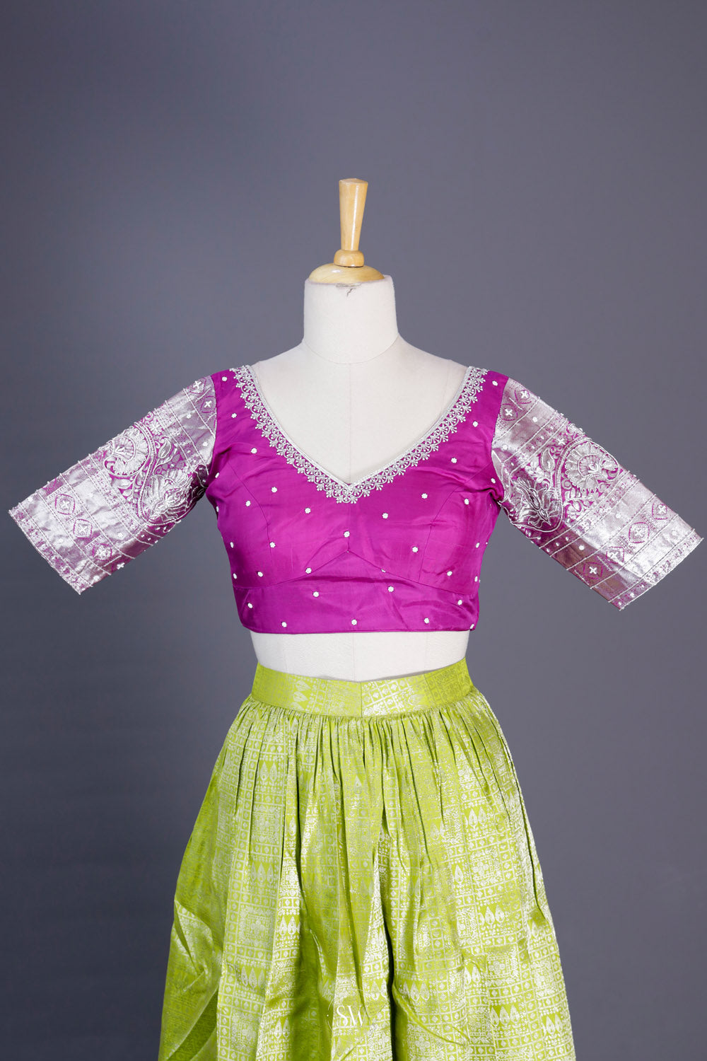 Lime Green-Purple Silk Lehenga Set With Zari Weaving