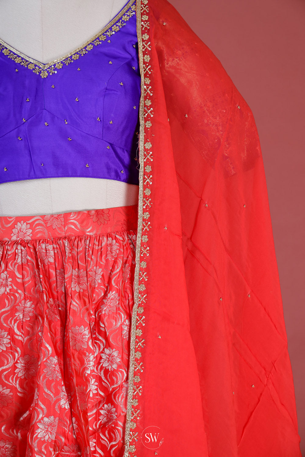Red Blue Silk Lehenga Set With Zari Weaving