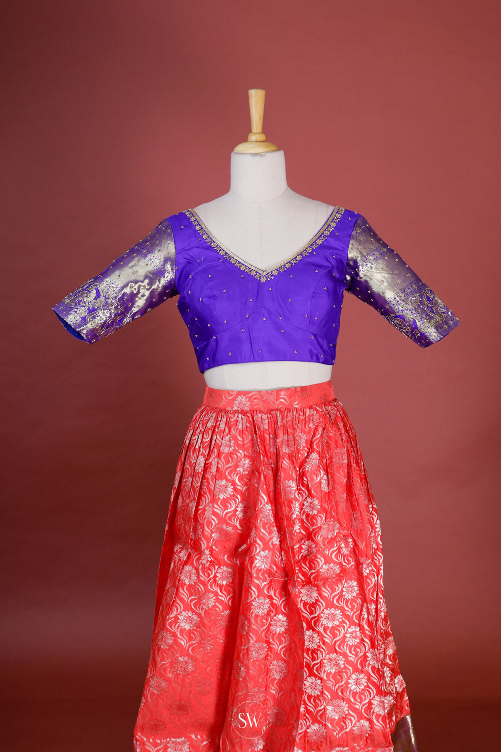 Red Blue Silk Lehenga Set With Zari Weaving