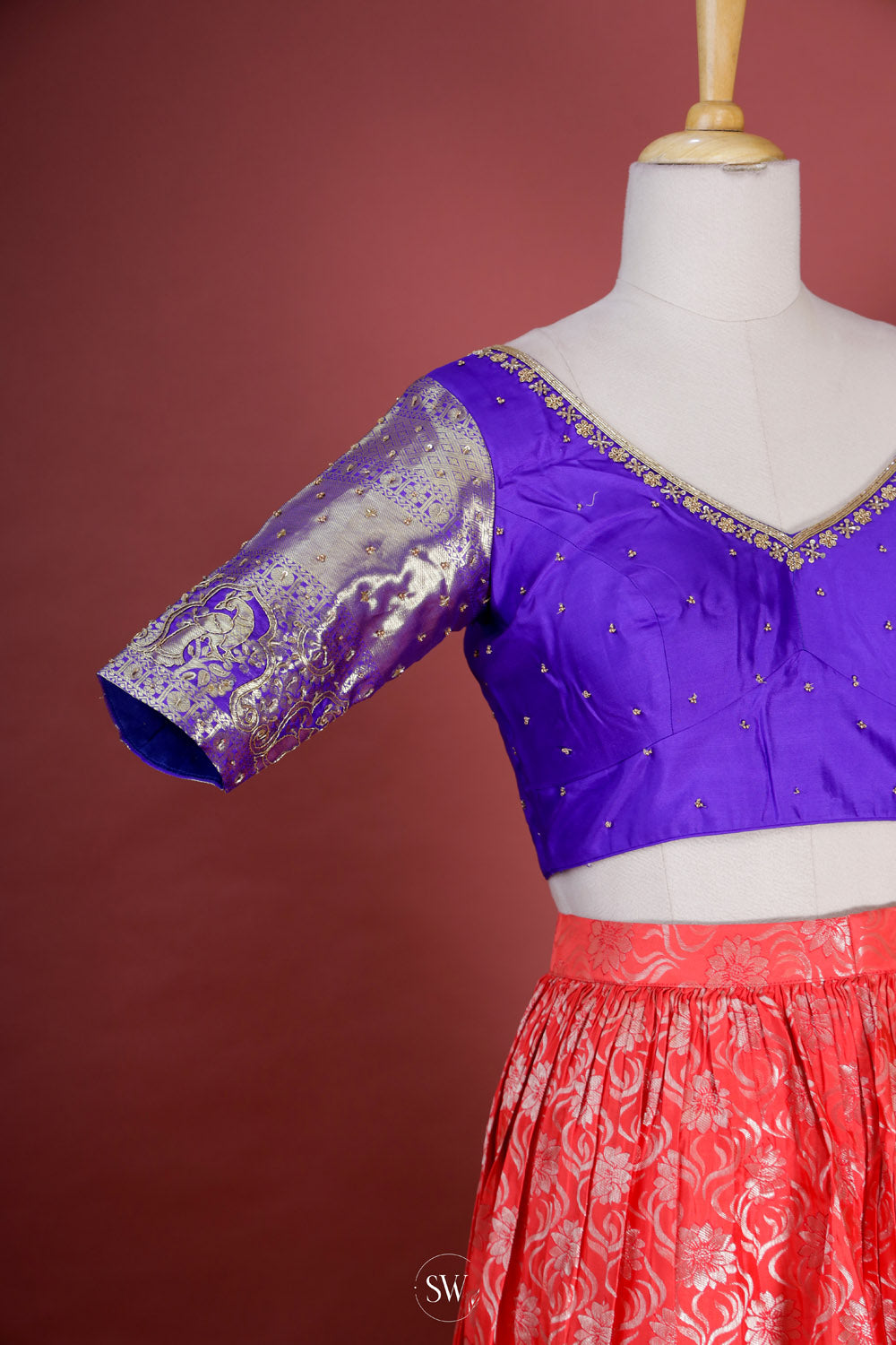 Red Blue Silk Lehenga Set With Zari Weaving