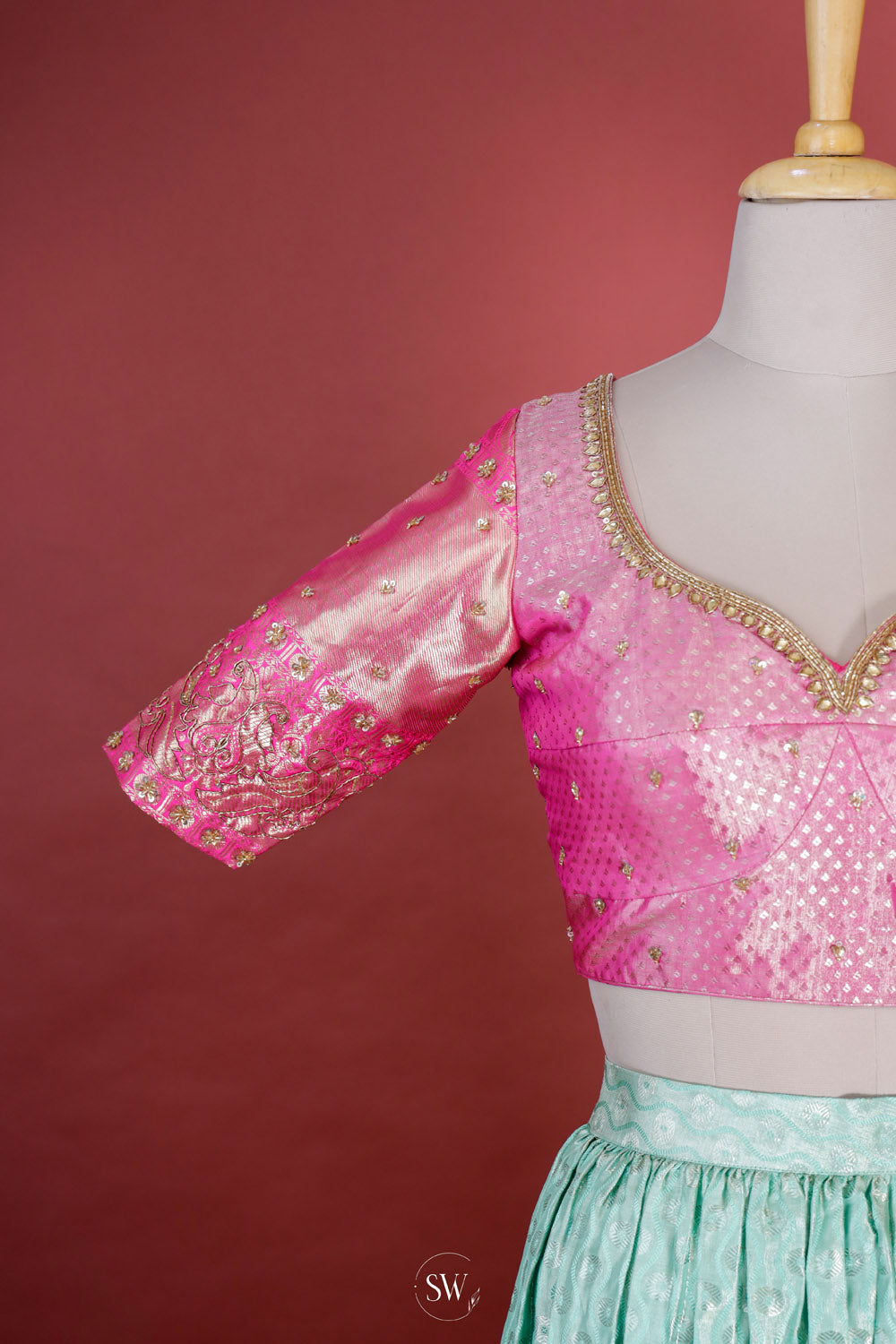 Fluorescent Blue-Pink Silk Lehenga Set With Zari Weaving