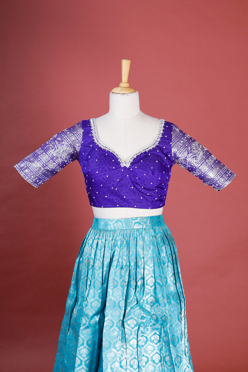 Electric Blue Silk Lehenga Set With Zari Weaving