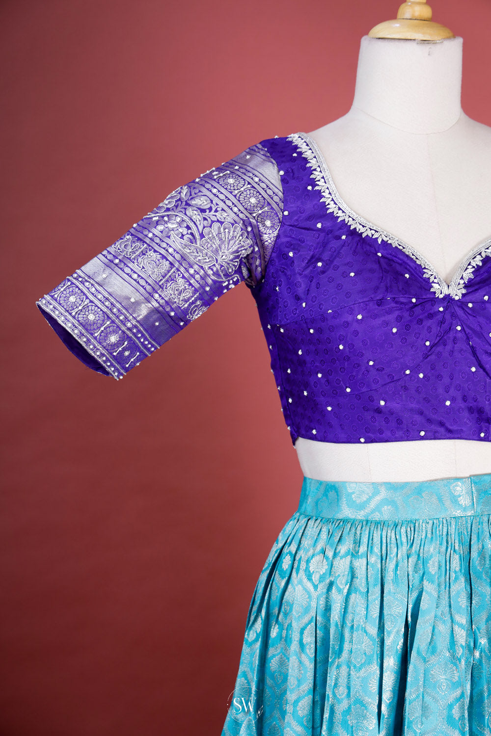 Electric Blue Silk Lehenga Set With Zari Weaving