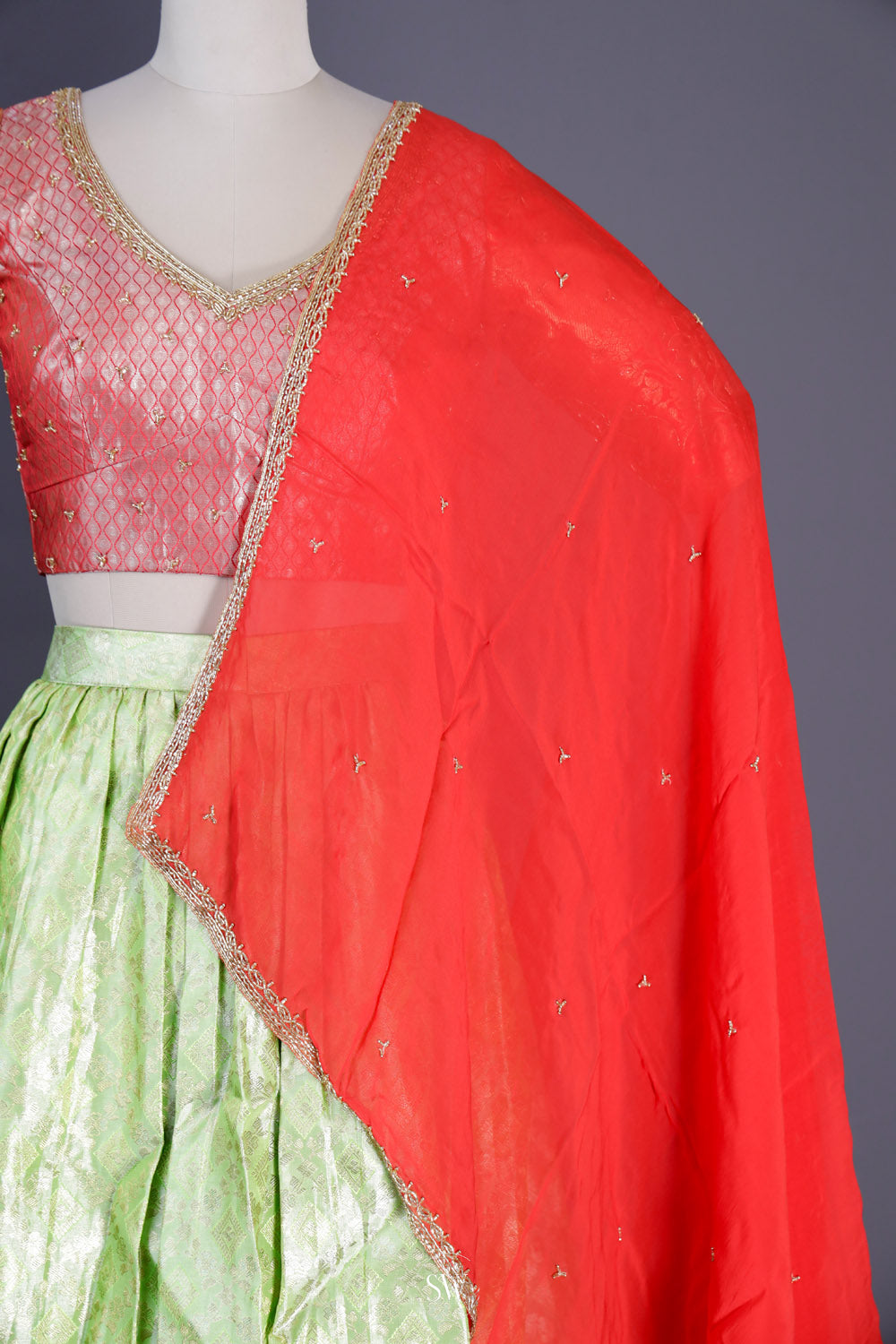 Green Red Silk Lehenga Set With Zari Weaving