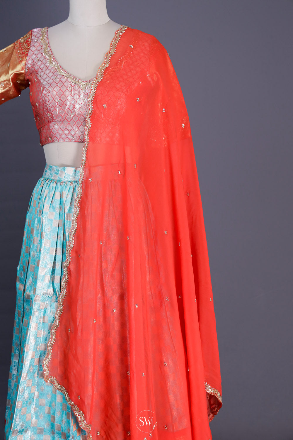 Blue Orange Silk Lehenga Set With Zari Weaving