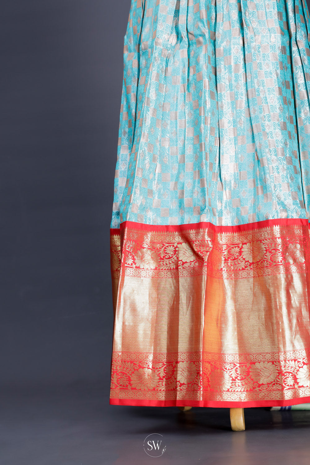 Blue Orange Silk Lehenga Set With Zari Weaving