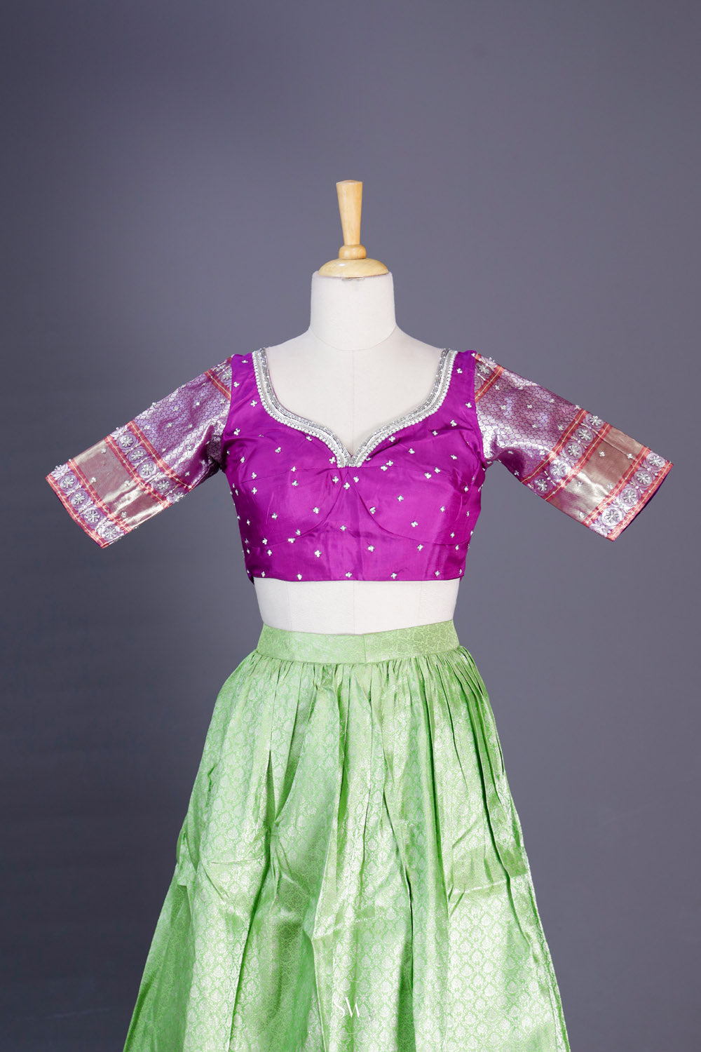 Green Purple Silk Lehenga Set With Zari Weaving