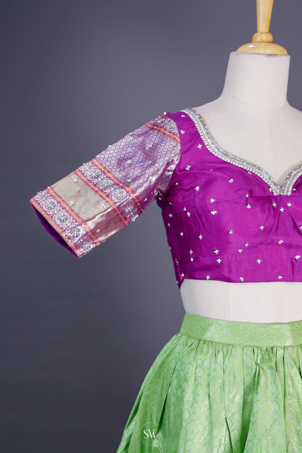 Green Purple Silk Lehenga Set With Zari Weaving