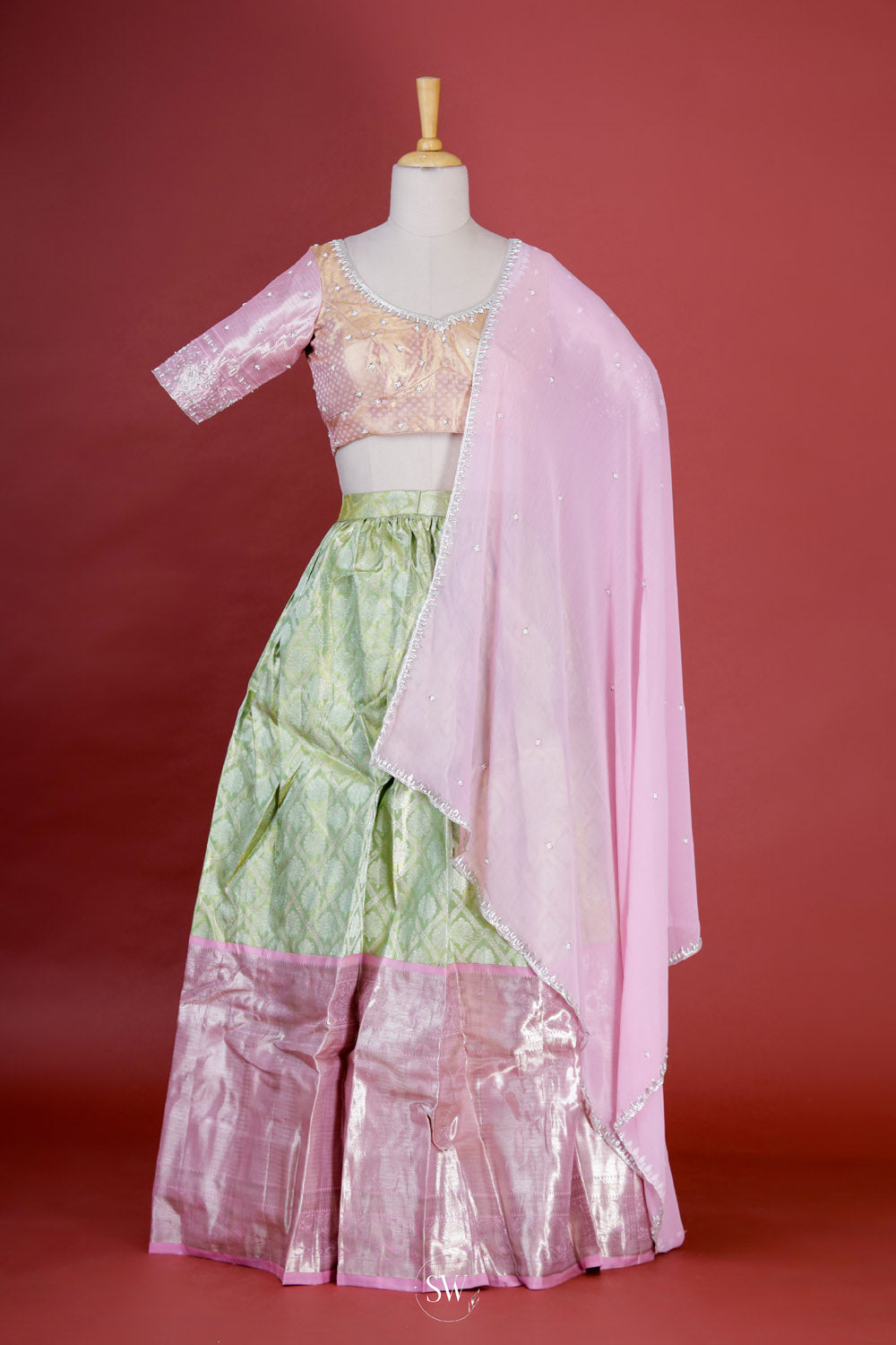 Green Pink Silk Lehenga Set With Zari Weaving