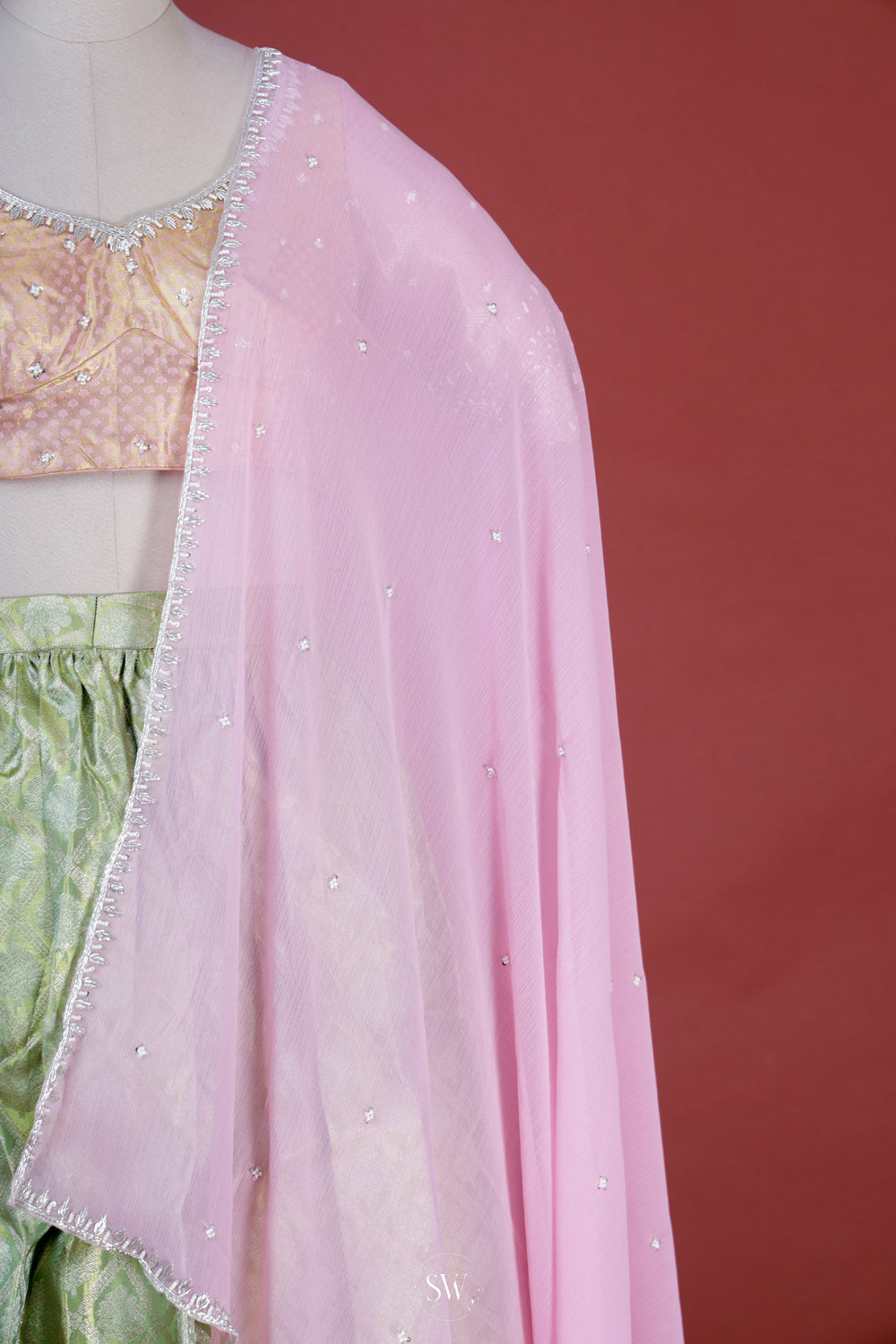 Green Pink Silk Lehenga Set With Zari Weaving