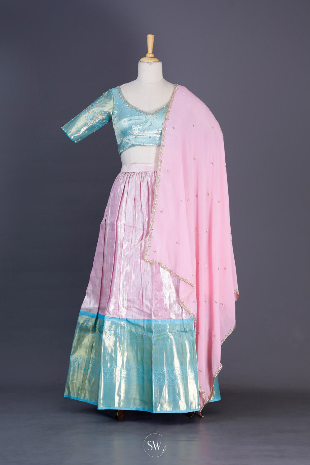 Pink Blue Silk Lehenga Set With Zari Weaving