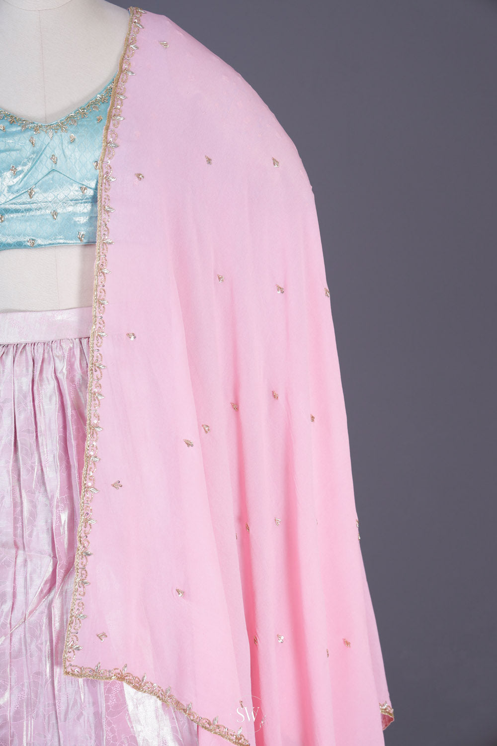 Pink Blue Silk Lehenga Set With Zari Weaving