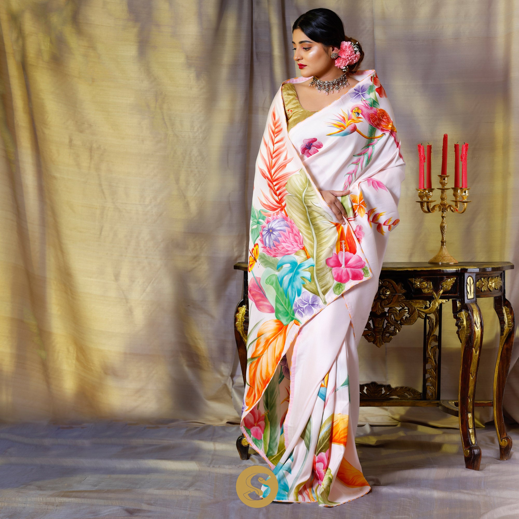 Pastel Pink Dupion Silk Saree With Floral Printed Motifs