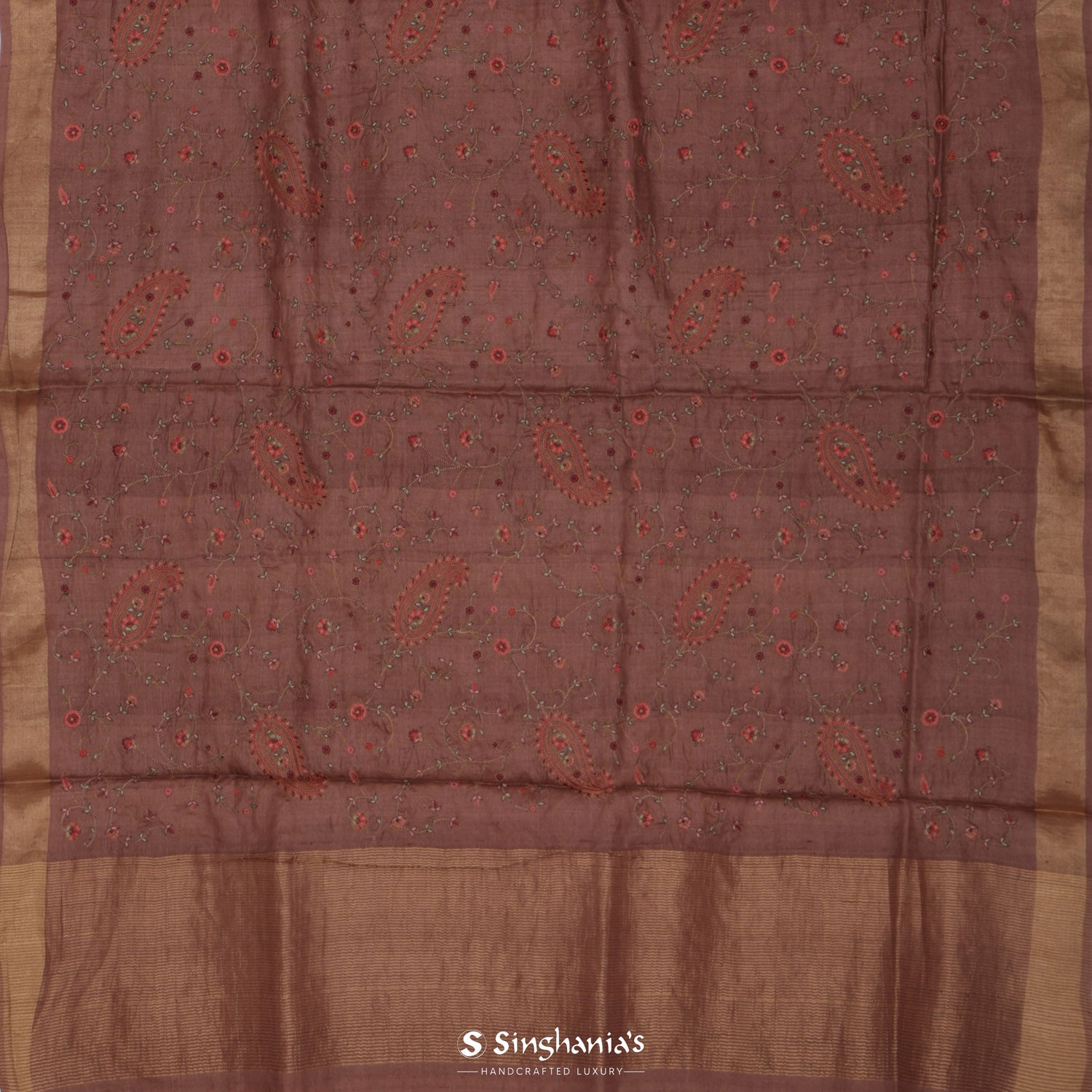 Dark Chestnut Brown Tussar Silk Saree With Floral Embroidery Work