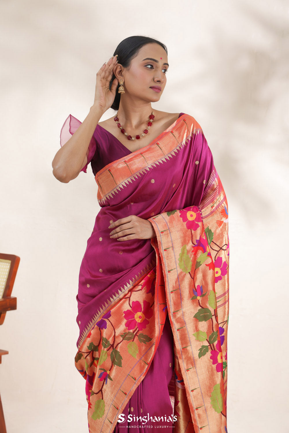 Maroon Pink Paithani Handloom Silk Saree