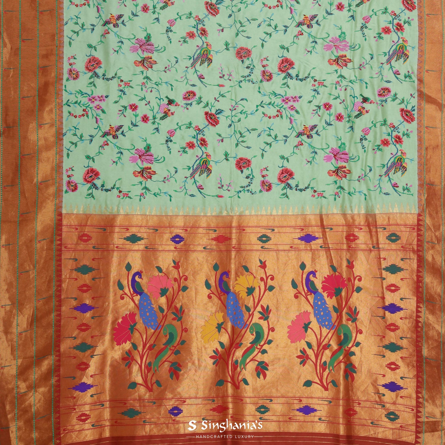 Mint Green Silk Saree With Floral Thread Embroidery
