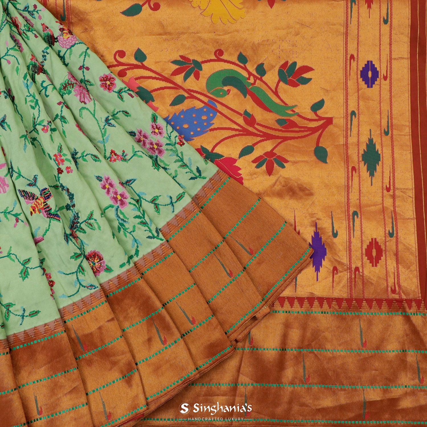 Mint Green Silk Saree With Floral Thread Embroidery