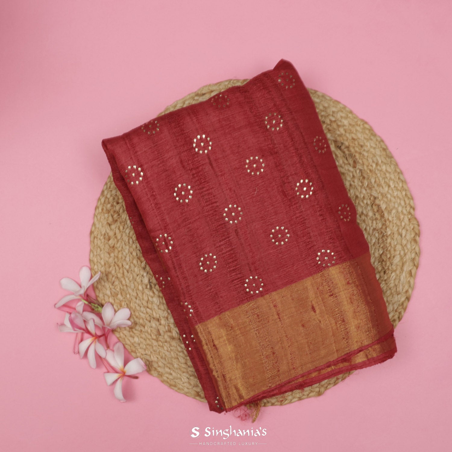 Barn Red Tussar Saree With Mukaish Work