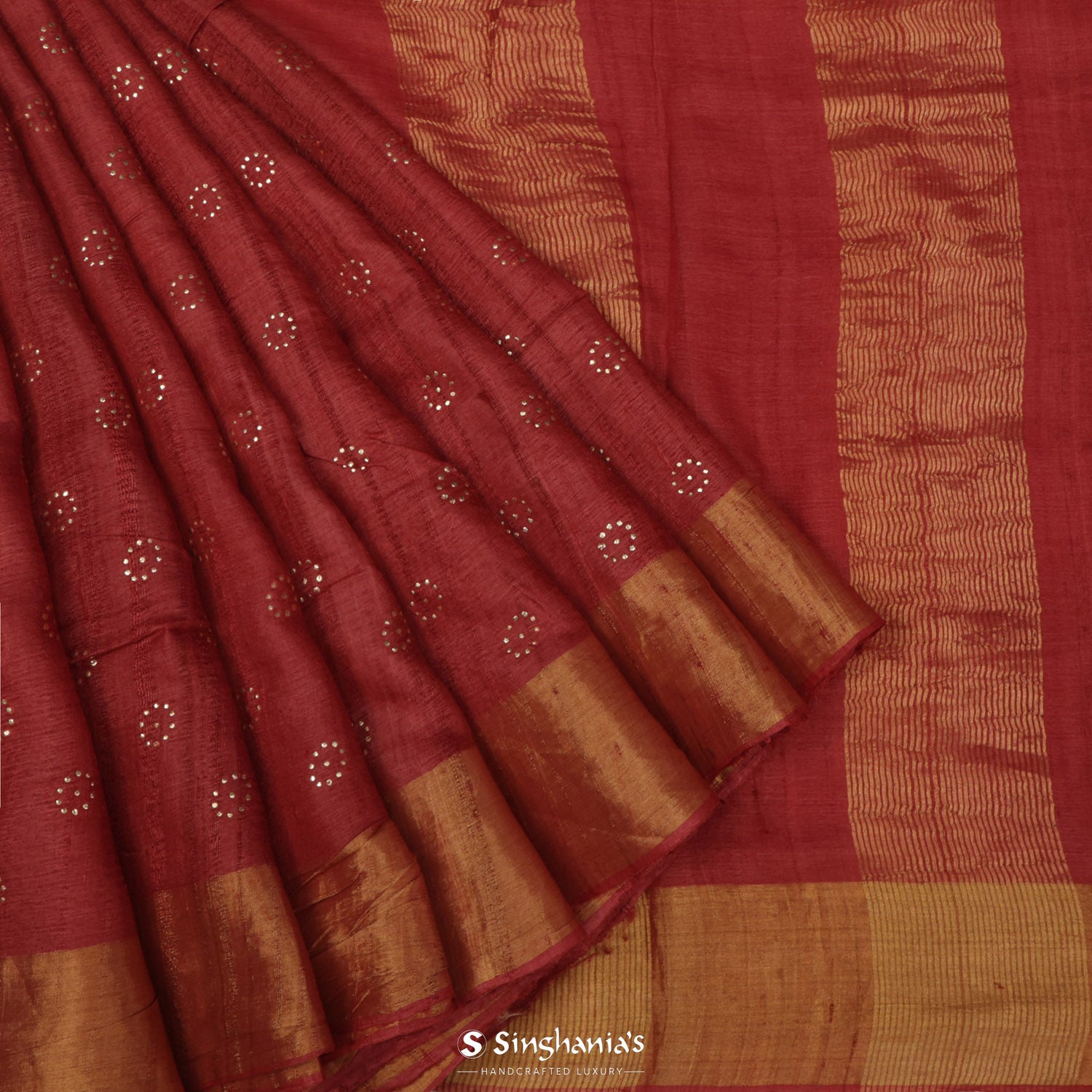 Barn Red Tussar Saree With Mukaish Work