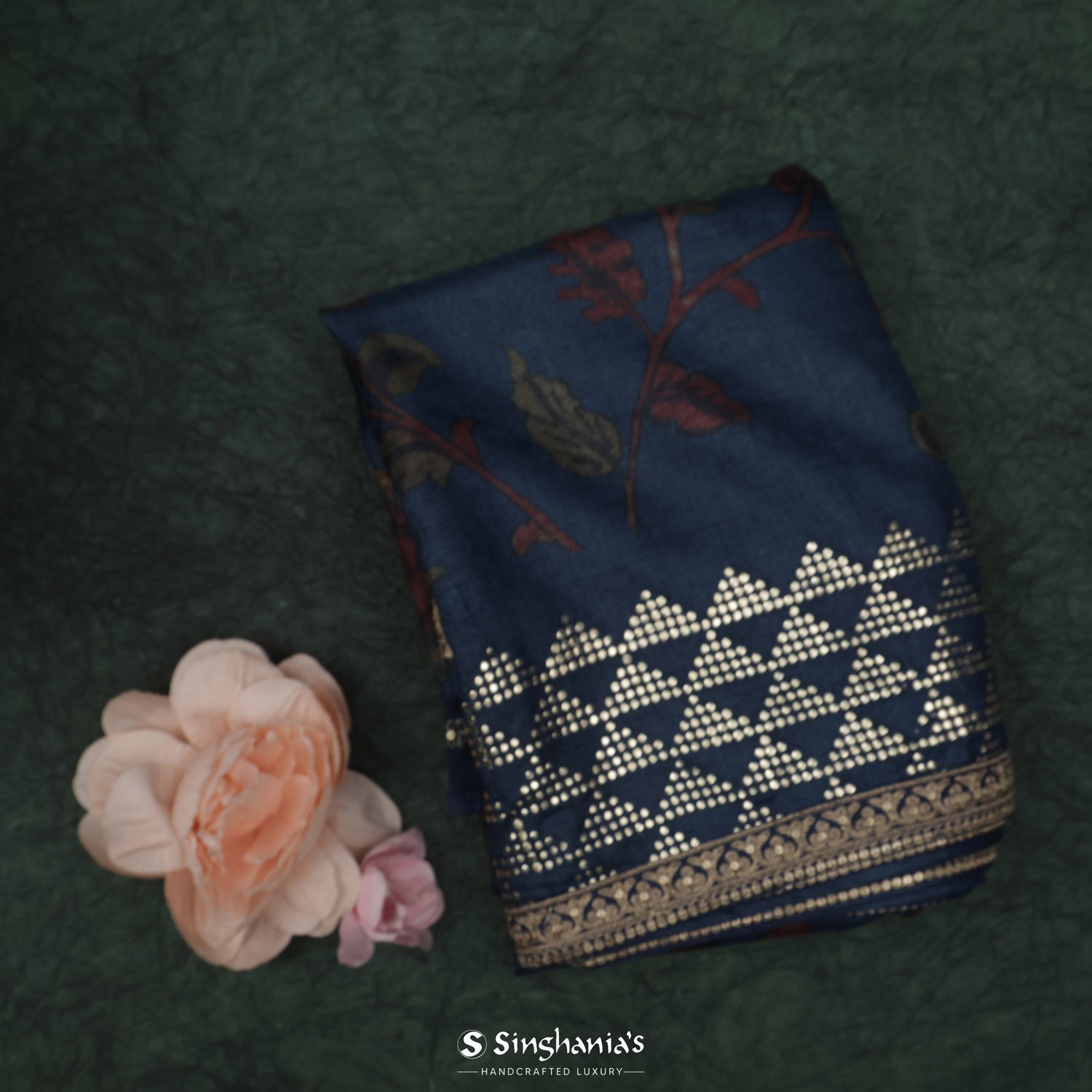Navy Blue Tussar Saree With Printed Floral Strips