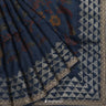 Navy Blue Tussar Saree With Printed Floral Strips