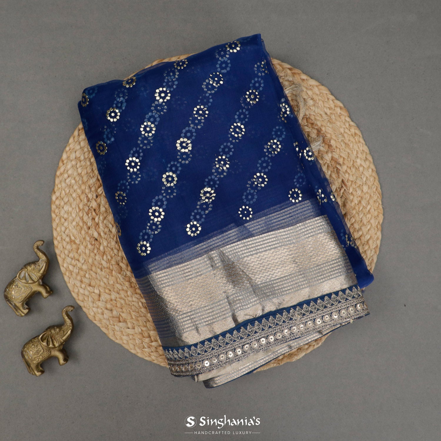 Violet-Blue Organza Saree With Mukaish Work In Floral Buttis