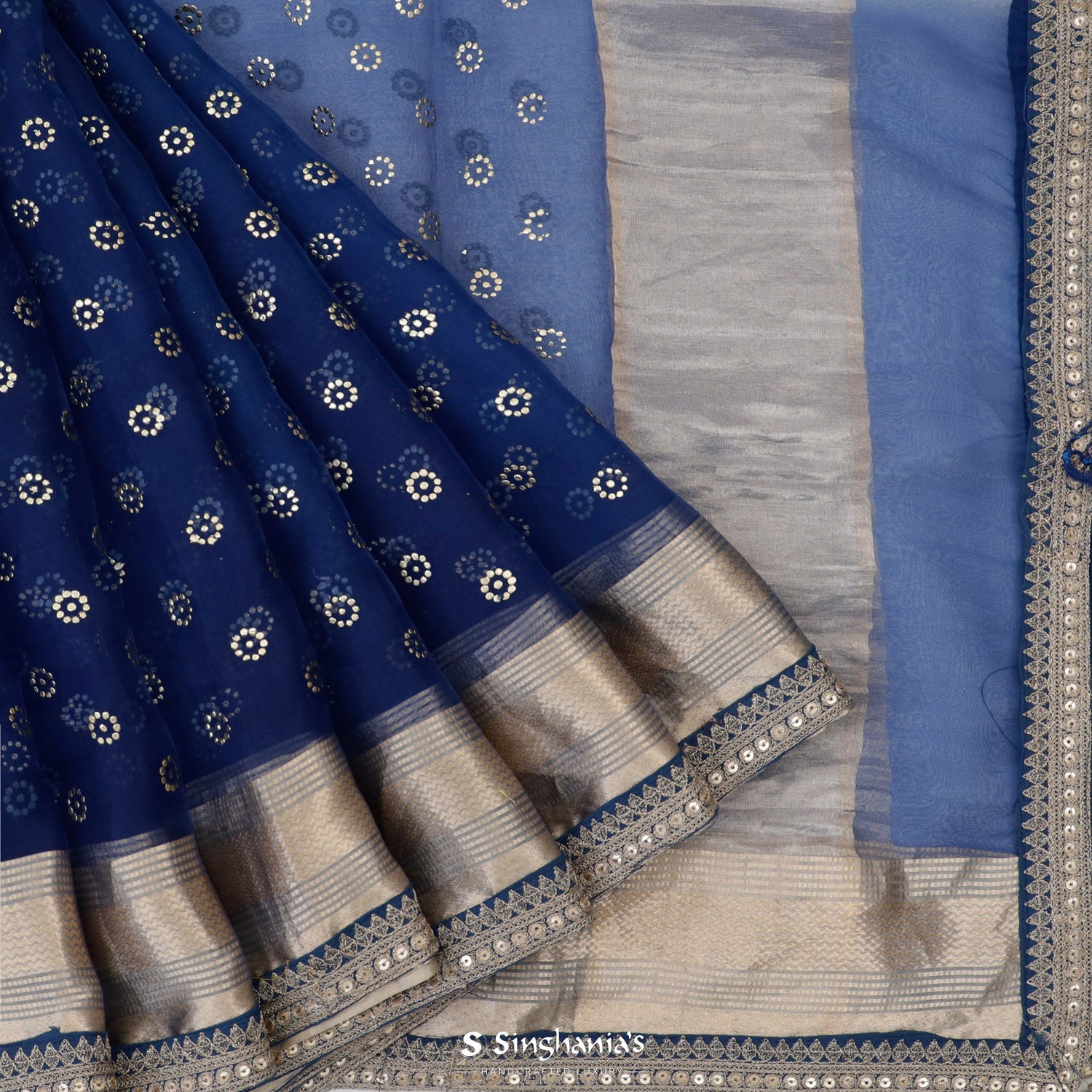 Violet-Blue Organza Saree With Mukaish Work In Floral Buttis