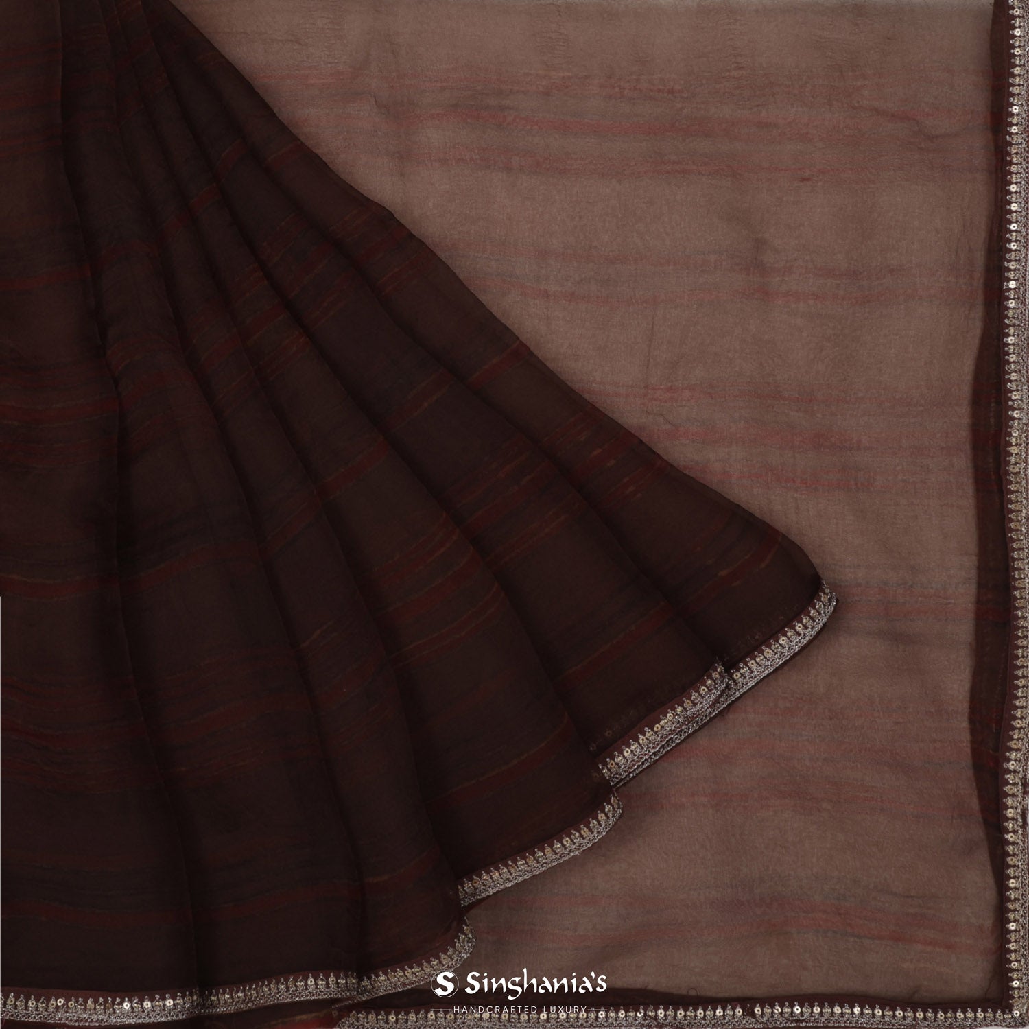 Brown Coffee Organza Saree With Strips Pattern