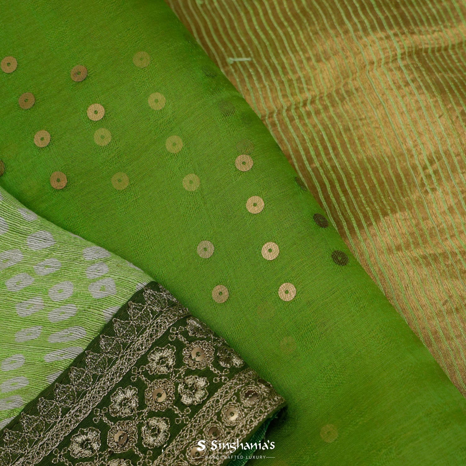 Sage Green Matka Silk Saree With Bandhani Pattern
