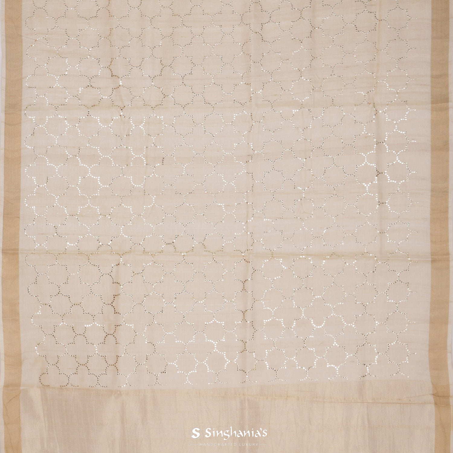 Merino White Tussar Silk Saree In Grid Pattern With Mukaish Work
