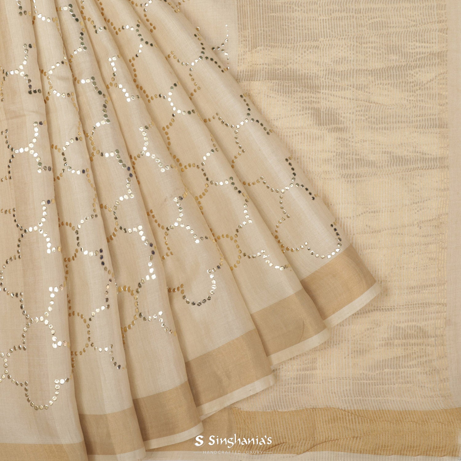 Merino White Tussar Silk Saree In Grid Pattern With Mukaish Work