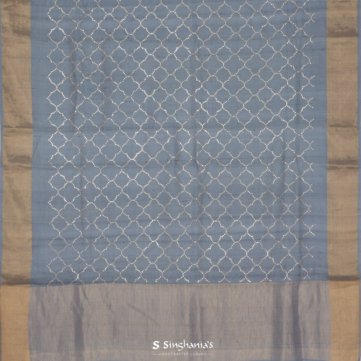 Jet Gray Tussar Saree With Foil Print In Grid Pattern