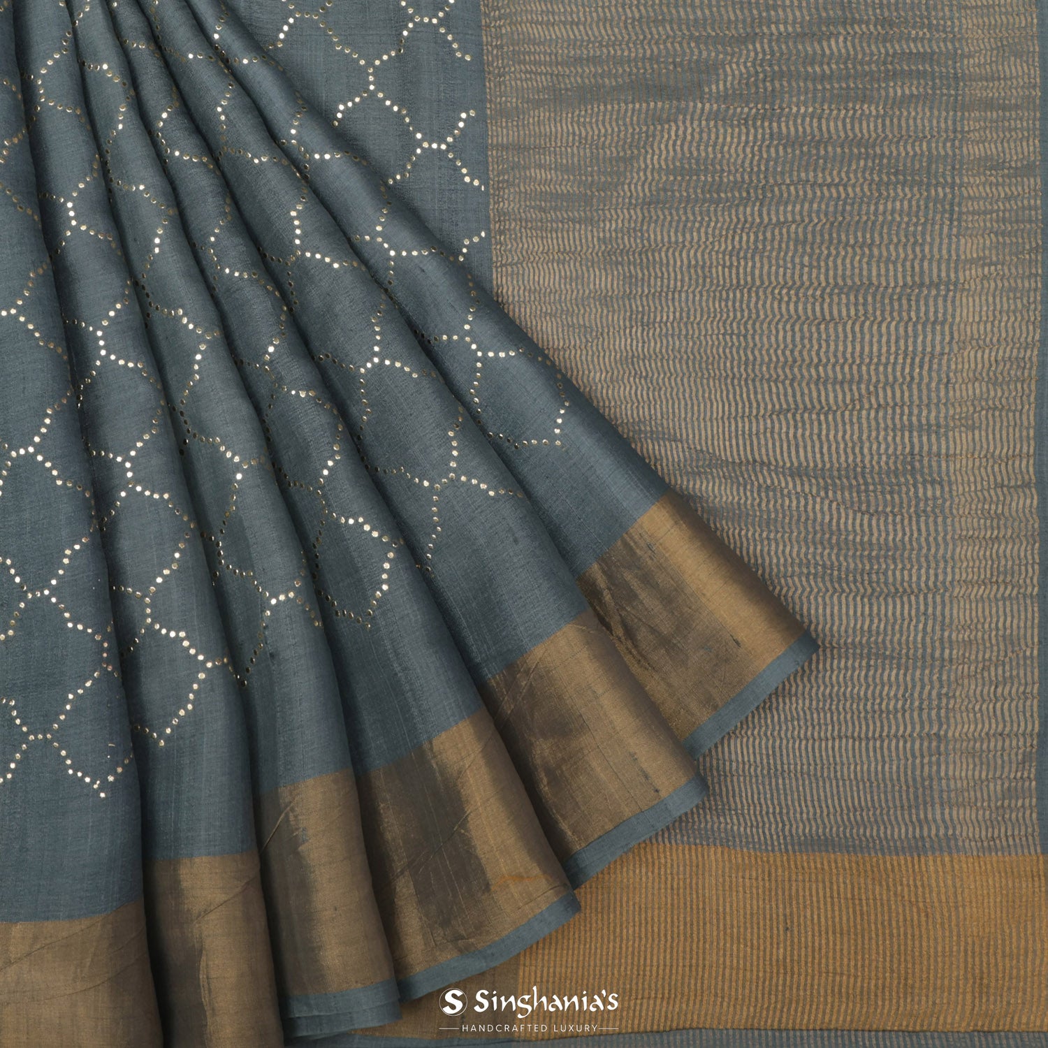 Jet Gray Tussar Saree With Foil Print In Grid Pattern