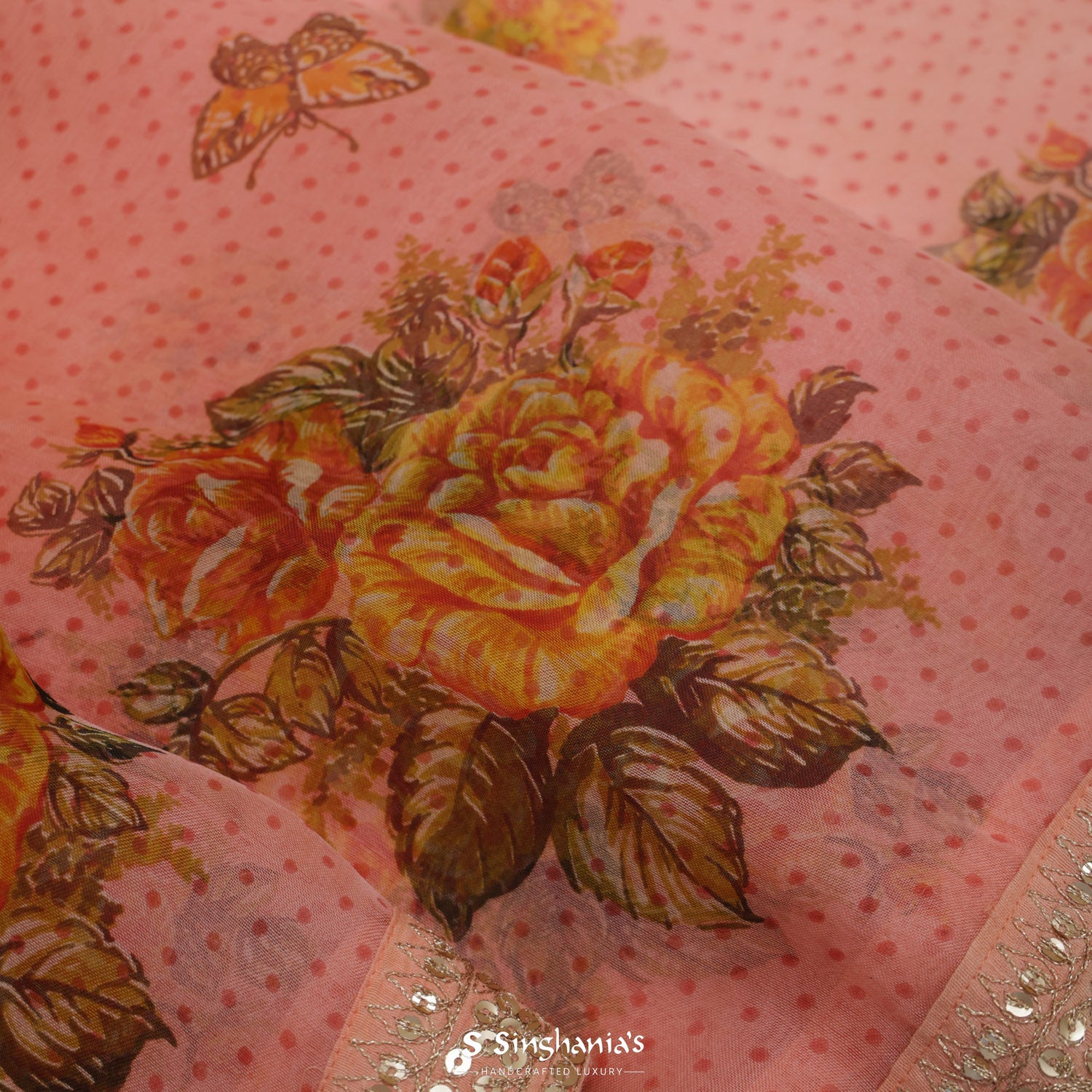 Tea Rose Printed Organza Saree With Floral Pattern