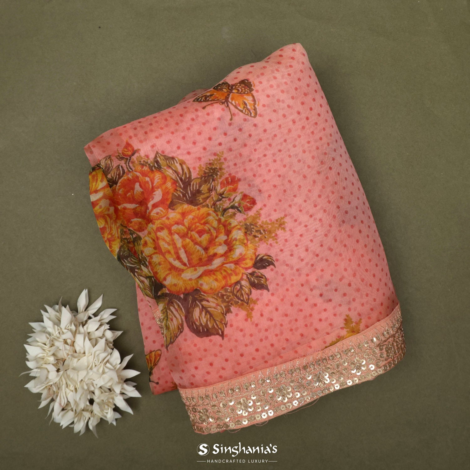 Tea Rose Printed Organza Saree With Floral Pattern