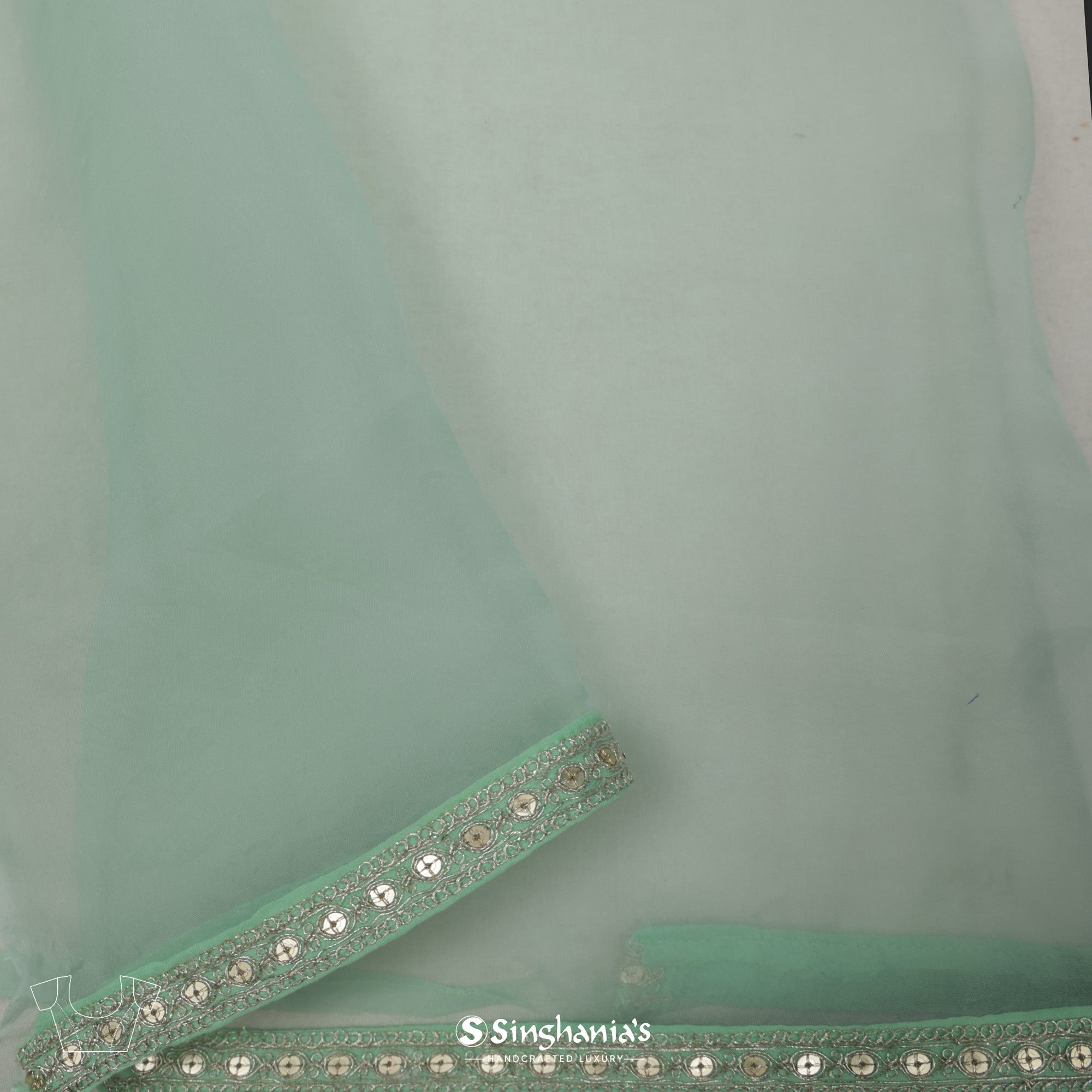 Turquoise Green Printed Organza Saree With Sequin Work Border