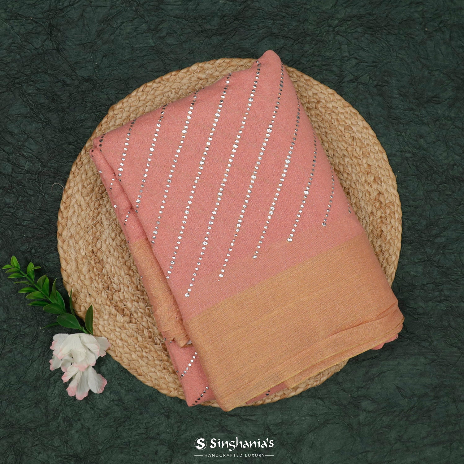 Pale Pink Linen Saree With Mukaish Work In Geometrical Pattern