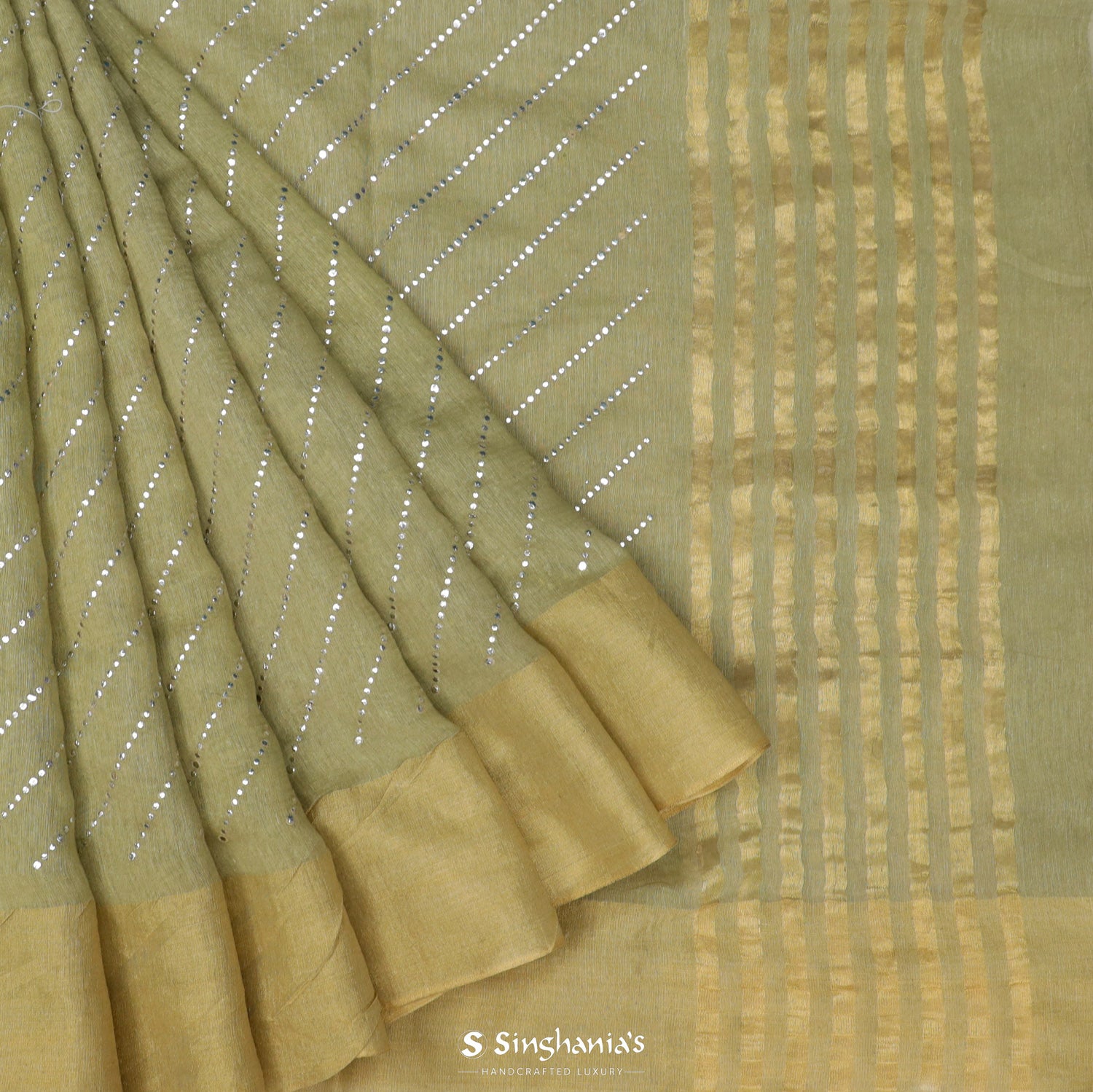 Swamp Green Linen Saree With Mukaish Work In Geometrical Pattern