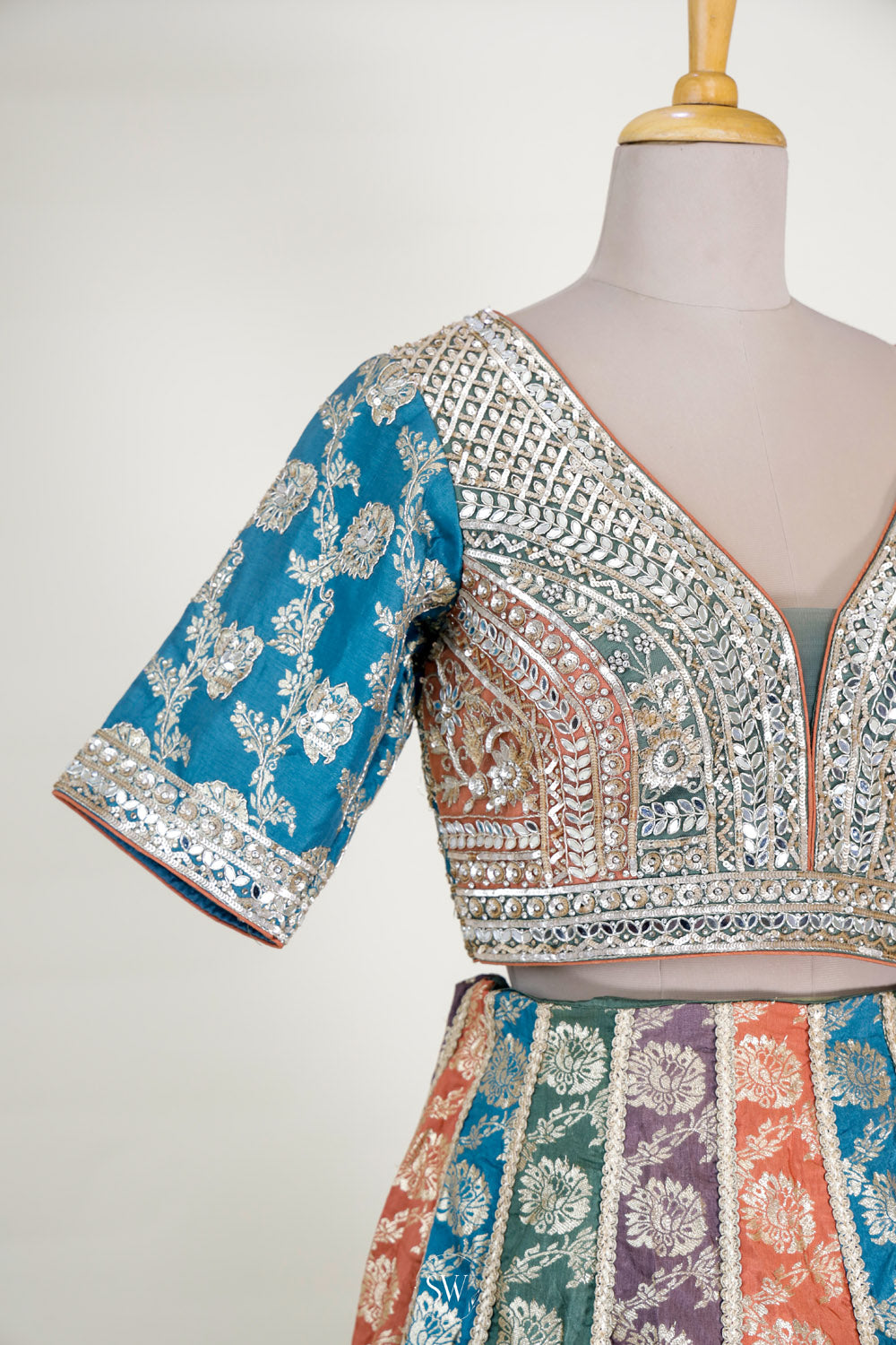 Green Multi Colour Banarasi Silk Lehenga Set With Embroidery