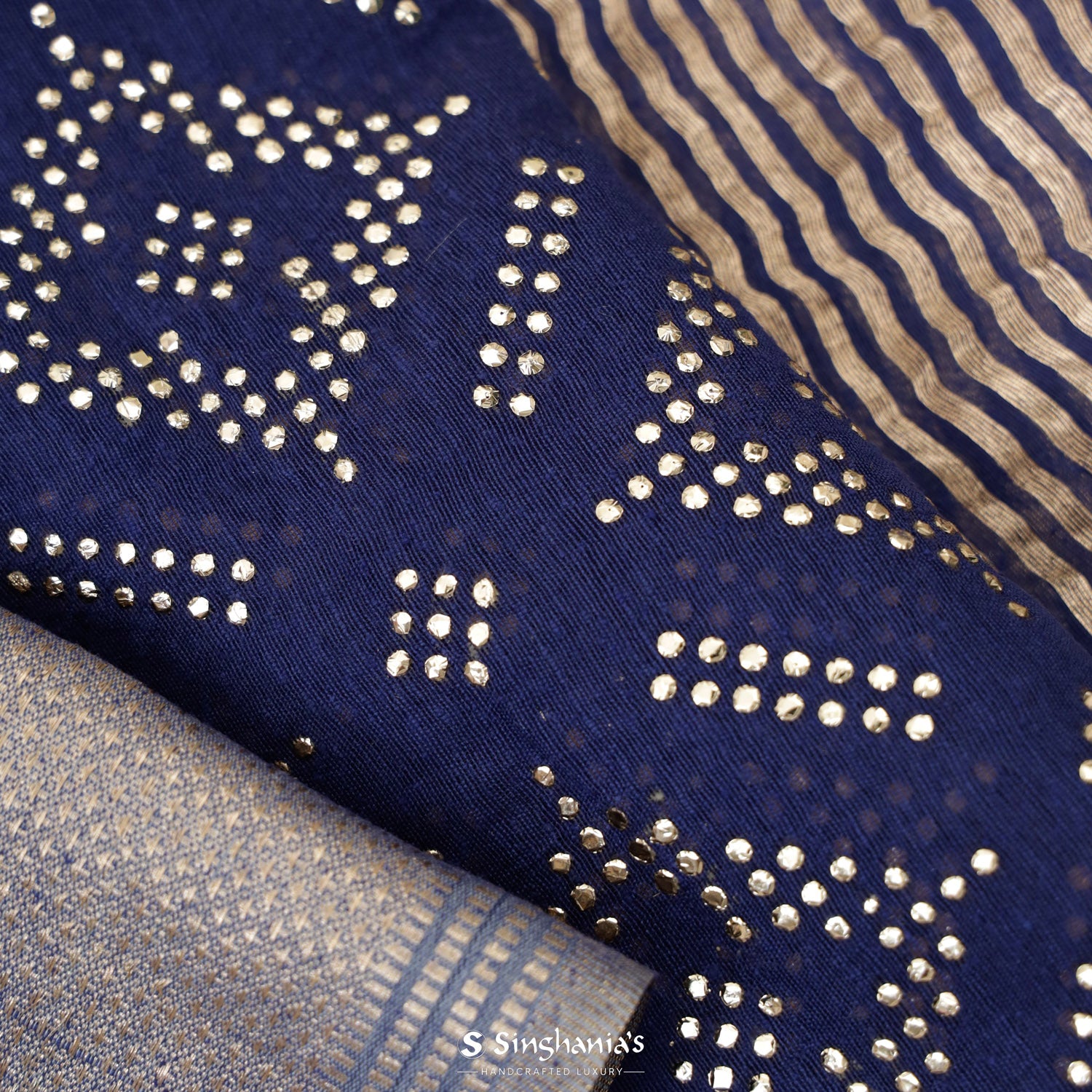 Space Cadet Blue Linen Saree With Mukaish Work In Abstract Pattern