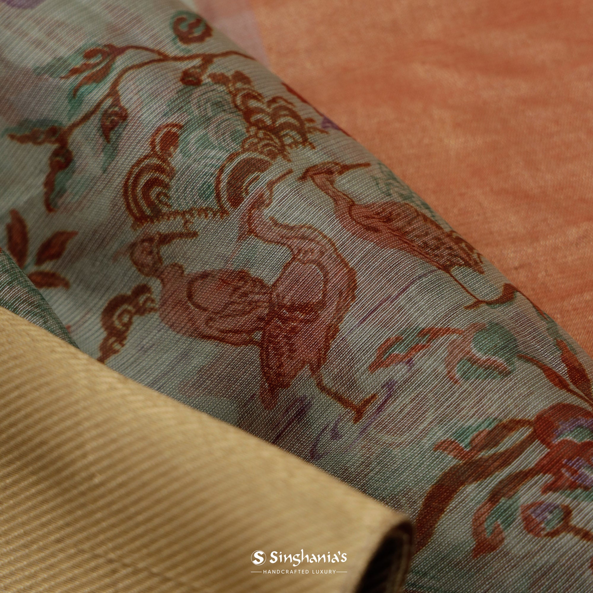 Laurel Green Printed Maheshwari Saree With Flora-Fauna Motifs