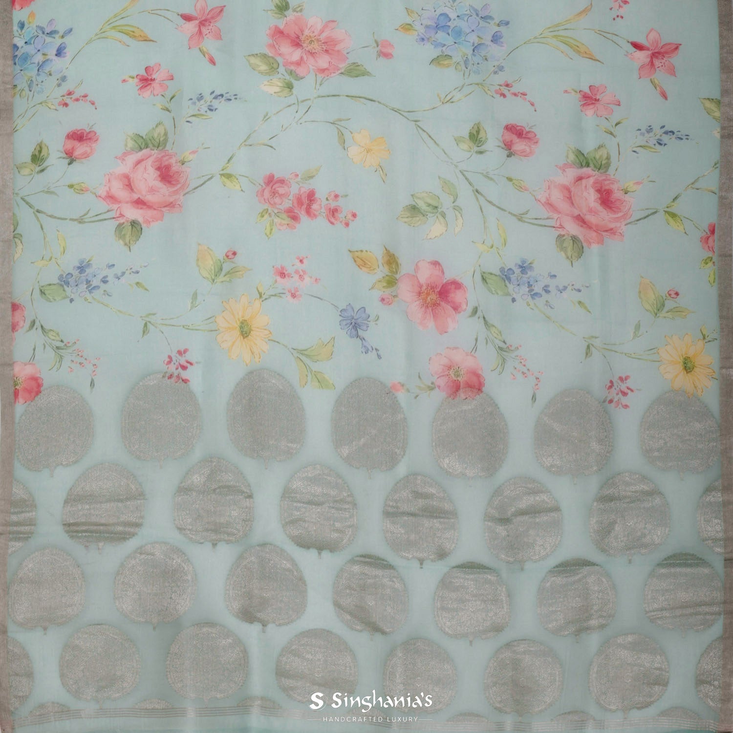 Tiffany Blue Printed Organza Saree With Floral Pattern