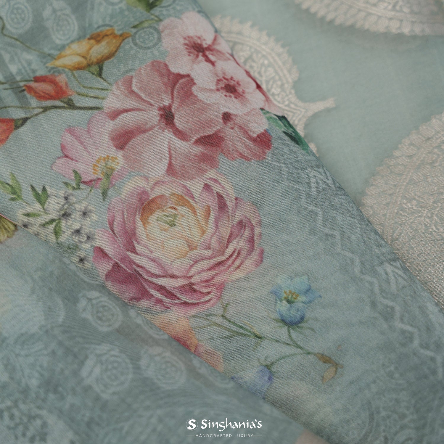 Powder Blue Printed Organza Saree With Floral Pattern