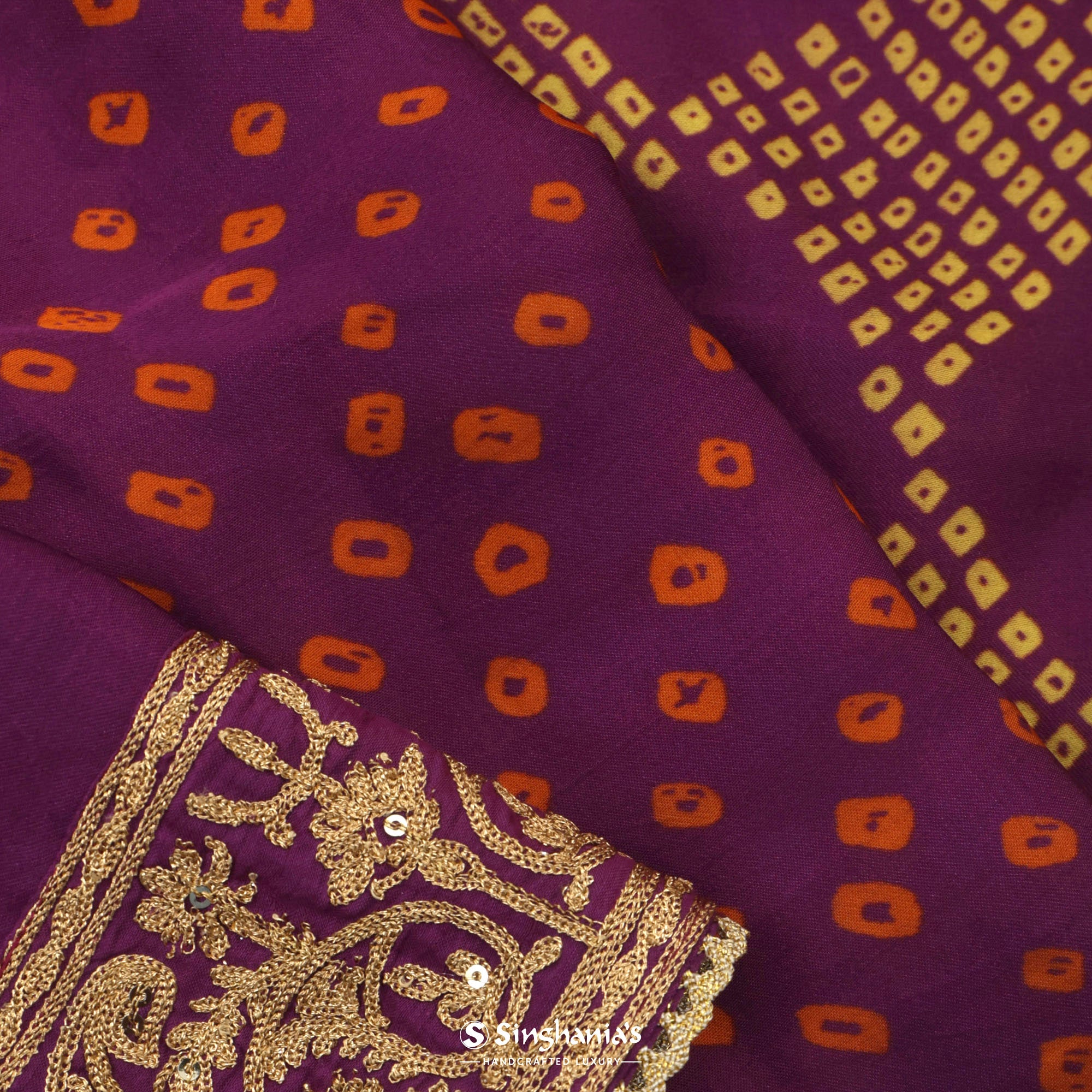 Palatinate Purple Satin Saree With Bandhani Pattern