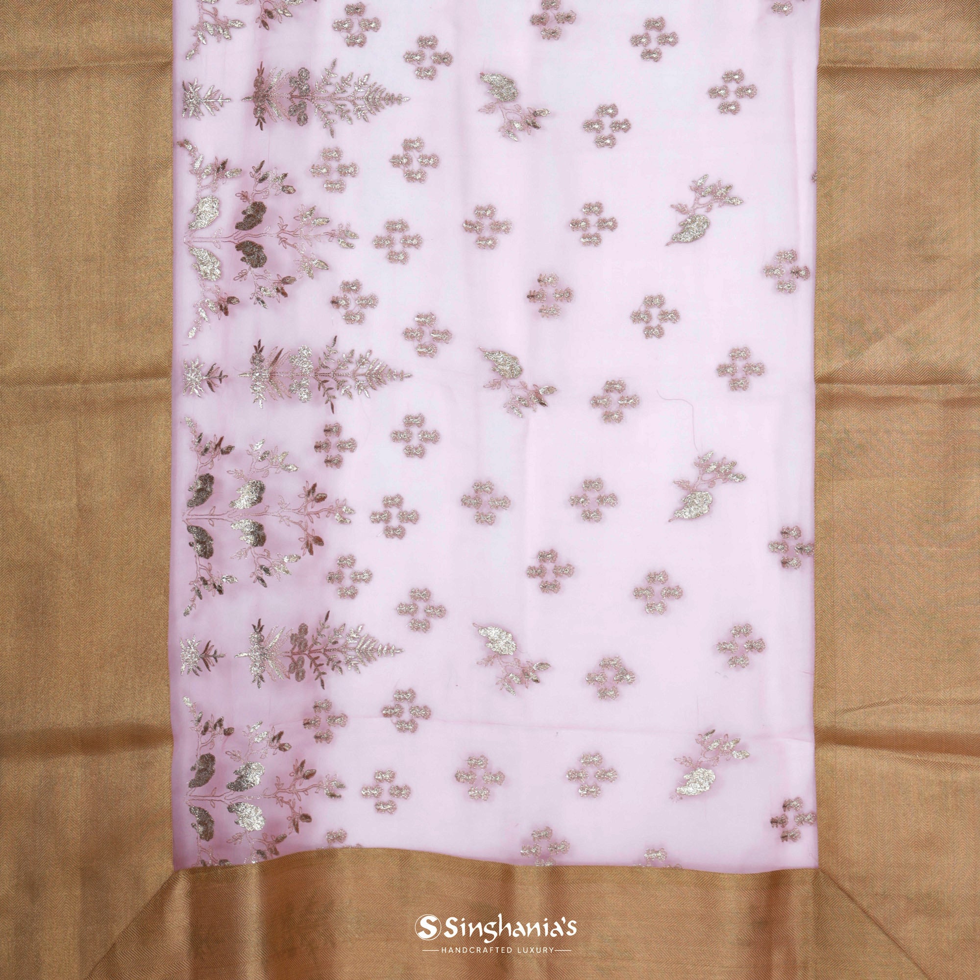 Pale Pink Organza Saree With Floral Embroidery