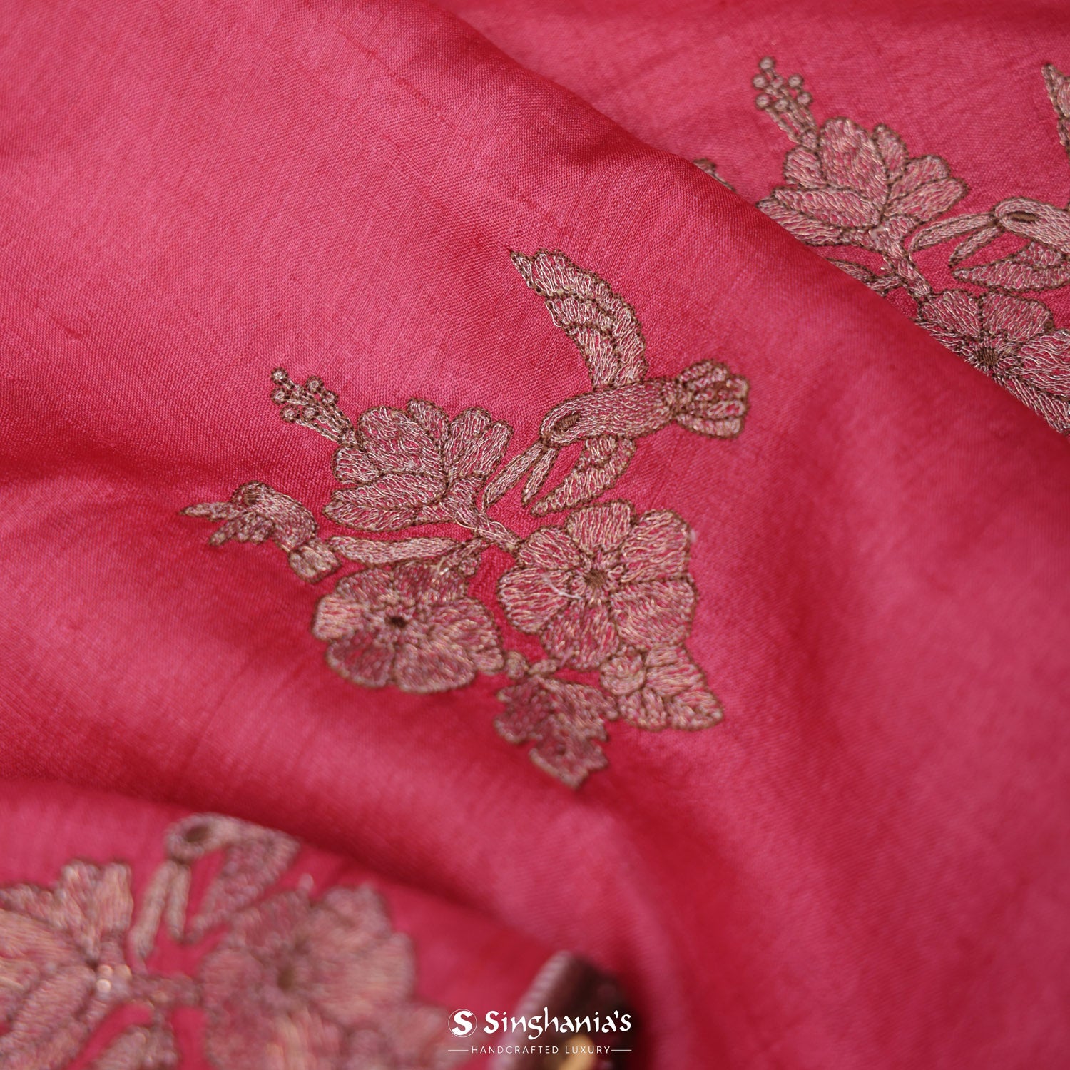 Amaranth Pink Tussar Silk Saree With Floral Buttis