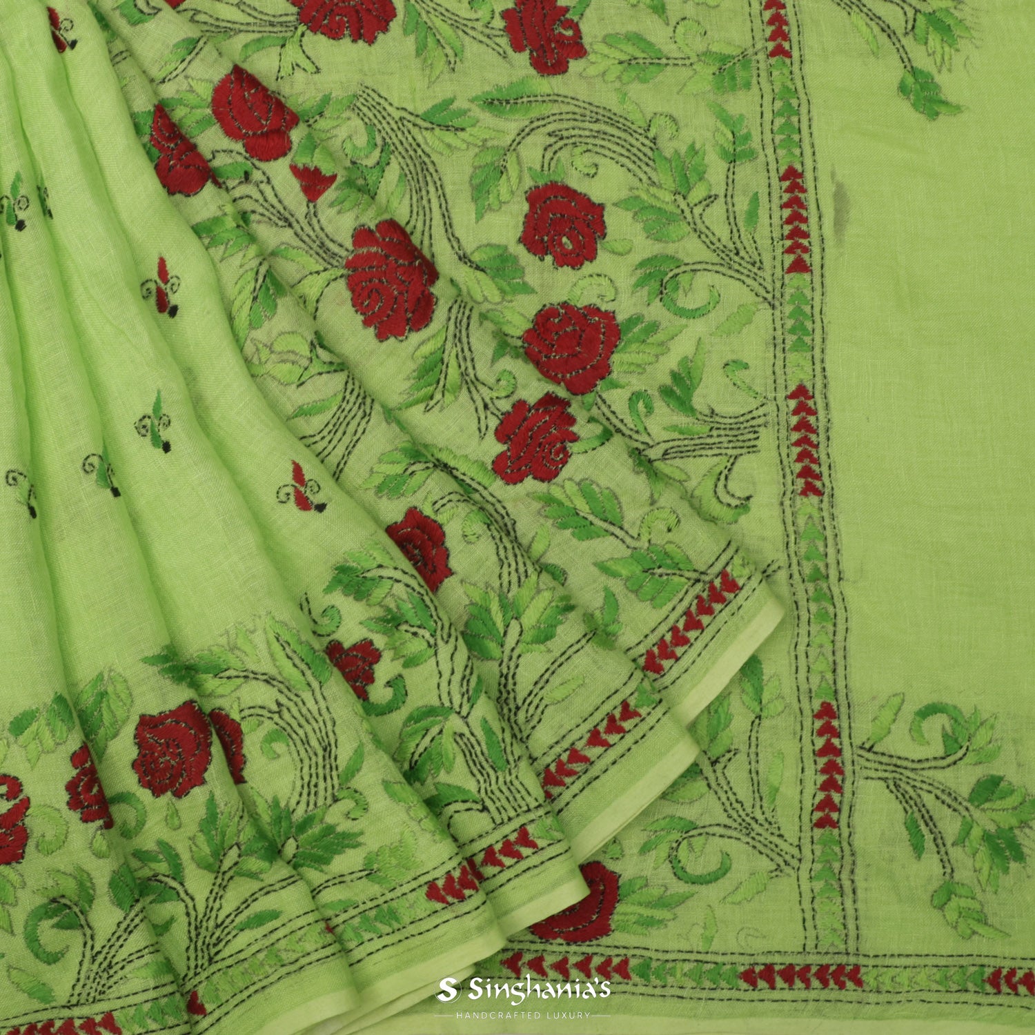 Crayola Yellow-Green Linen Saree With Floral Thread Embroidery