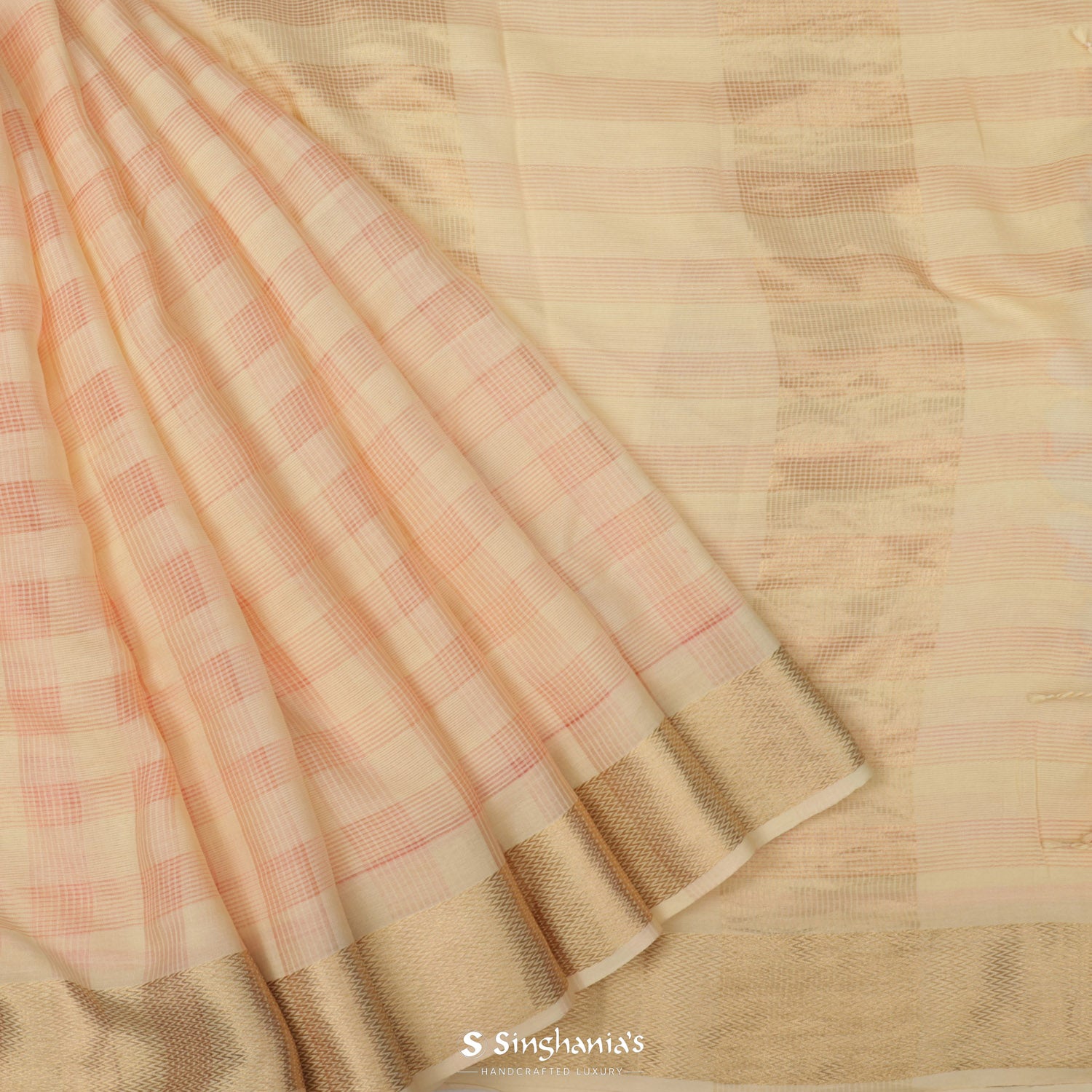 Desert Sand Beige Linen Saree With Checks Pattern