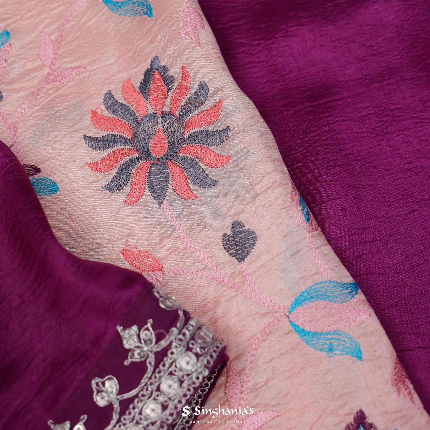 Oyster Pink Silk Saree With Floral Thread Embroidery