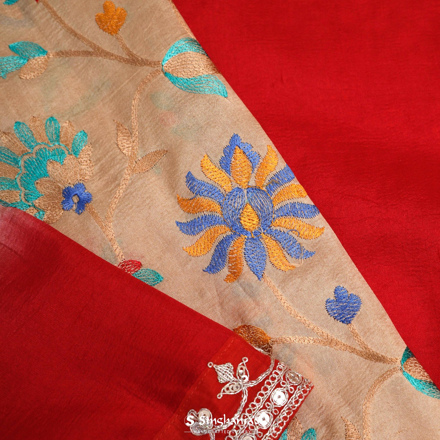 Peach Silk Saree With Thread Embroidery